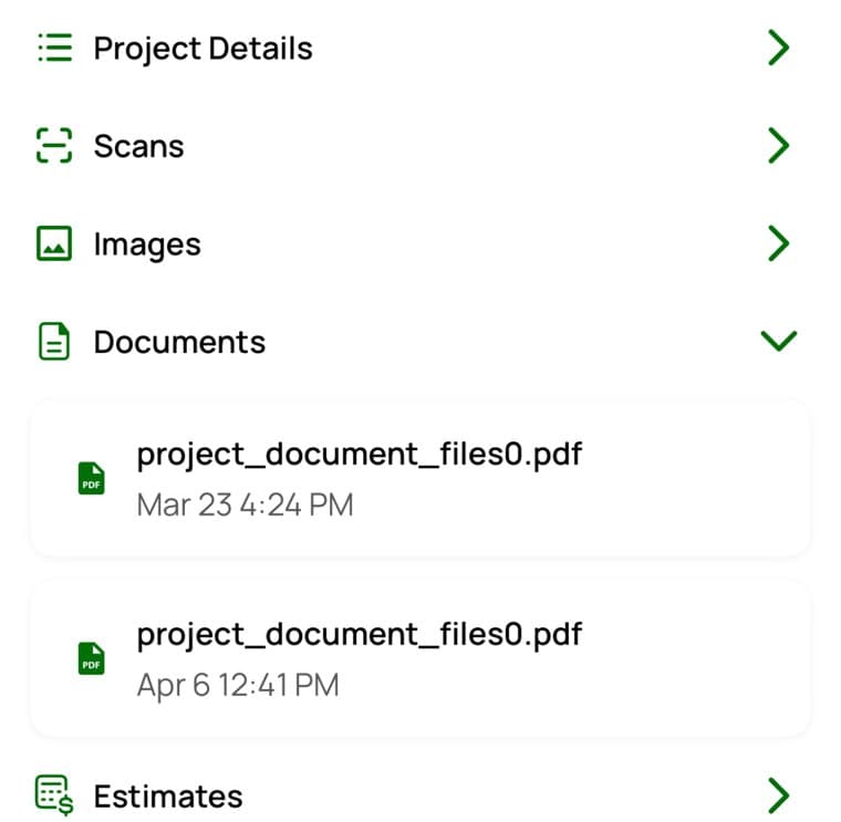 Documentos del proyecto en SketchEdge: PDF escaneados adjuntos al proyecto