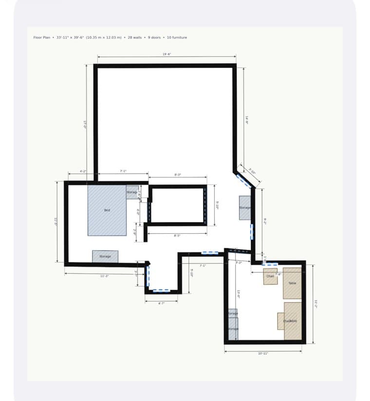 Plano de planta 2D en SketchEdge con dimensiones y medidas de las habitaciones